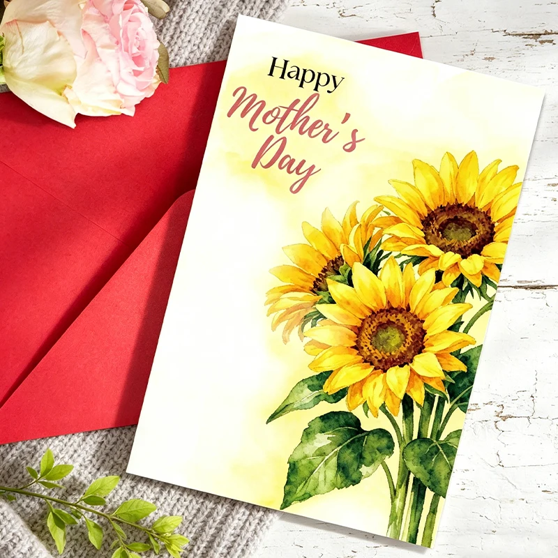 Mothers Day Card With Red Envelope Watercolor Sunflower Handwritten Large-sized Birthday Card And Greeting Card