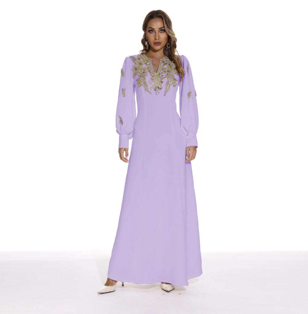 Women's Evening Gown Sexy V Neck Long Lantern Sleeves Embroidery Elegant A Line Fashion Designer Maxi Vestidos