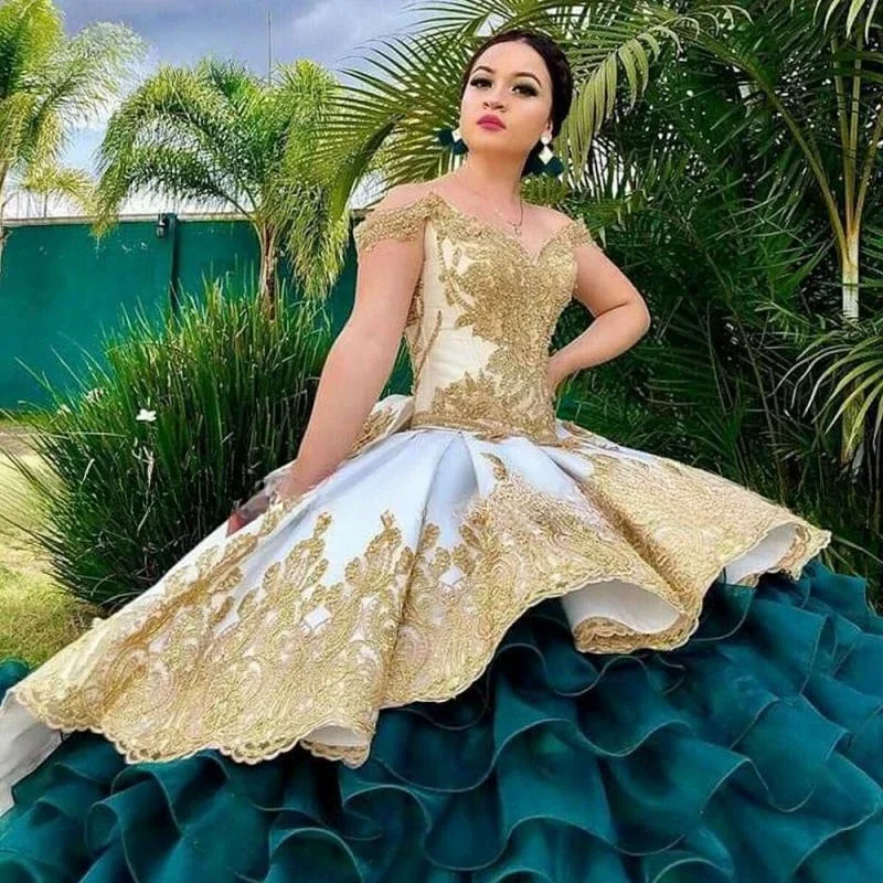 

Зеленое платье Quinceanera с рюшами, бальное платье с открытыми плечами, маскарадное мексиканское 15-летнее шестнадцать сладких 16 лет, конкурс принцессы Мисс