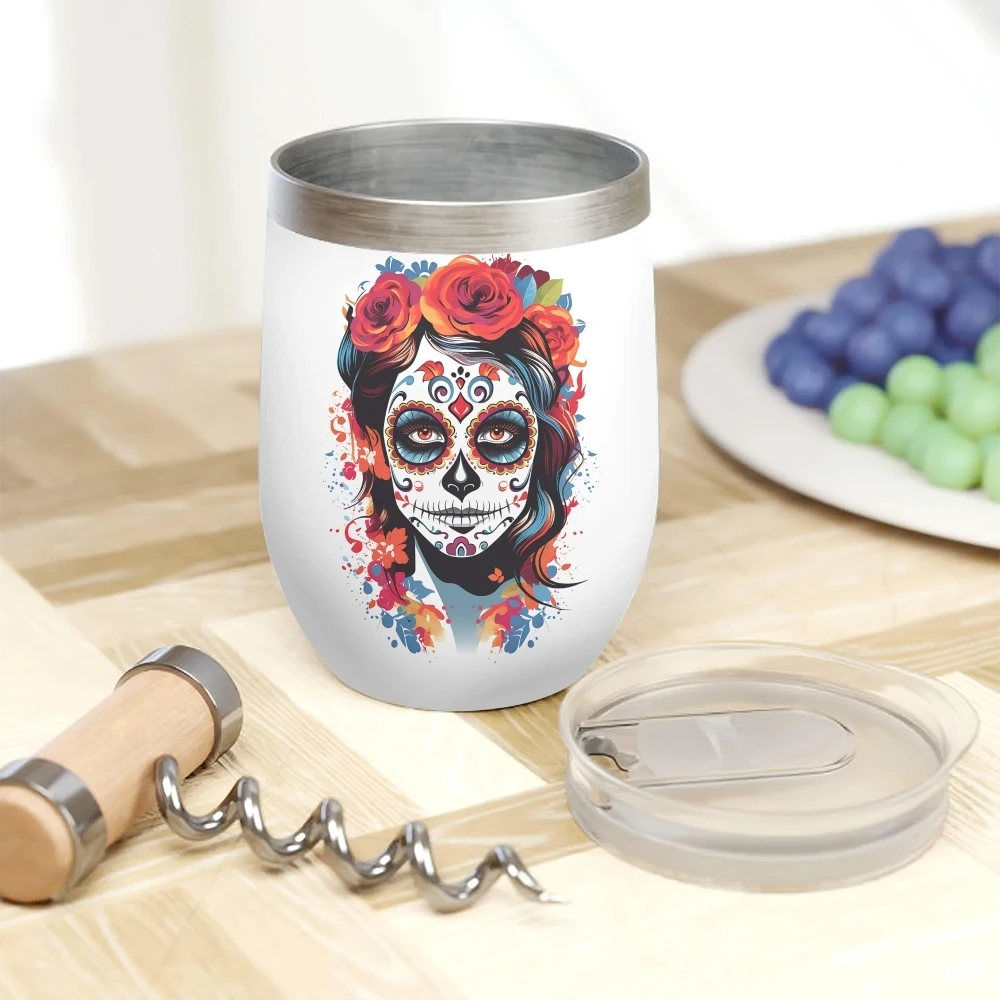 Suger Skull Women Vacuum Flasks 12oz Insulated Wine Tumbler Vacuum Coffee Mug Egg Shape Thermos Cup