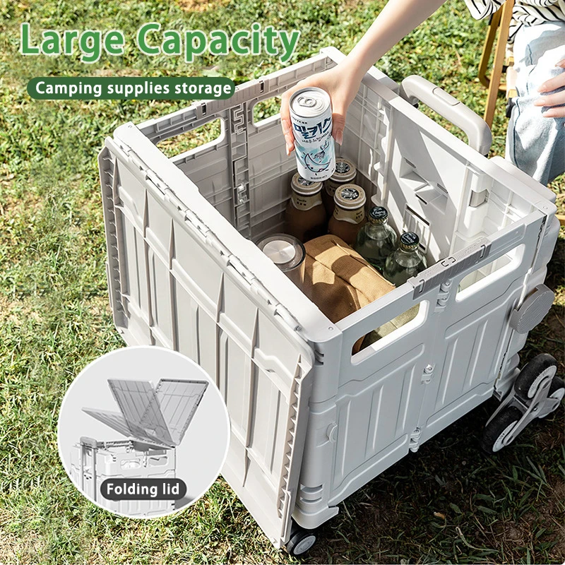 Camping Trolley Outdoor Folding Large Capacity Storage Box With Wheels Multifunctional Pull Rod Cart Portable Shopping Cart 75L