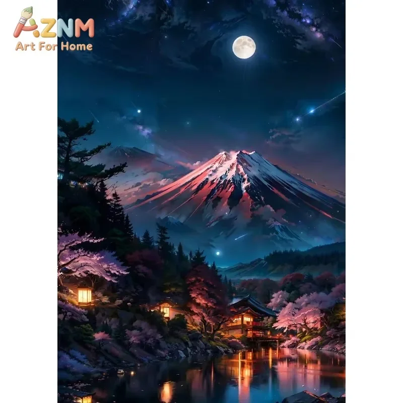 Japanese Fuji Mountain Cherry Blossom Canvas Wall Art Sakura Temple Waterfall Scenery Print Unframed Canvas Poster for Living R