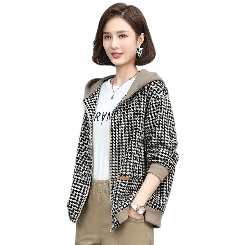 

Double With Lining Women Windbreaker 2023 Spring Hooded Short Coat Korean Loose Large Size Mother Grid Tops Femme Jacket Coat