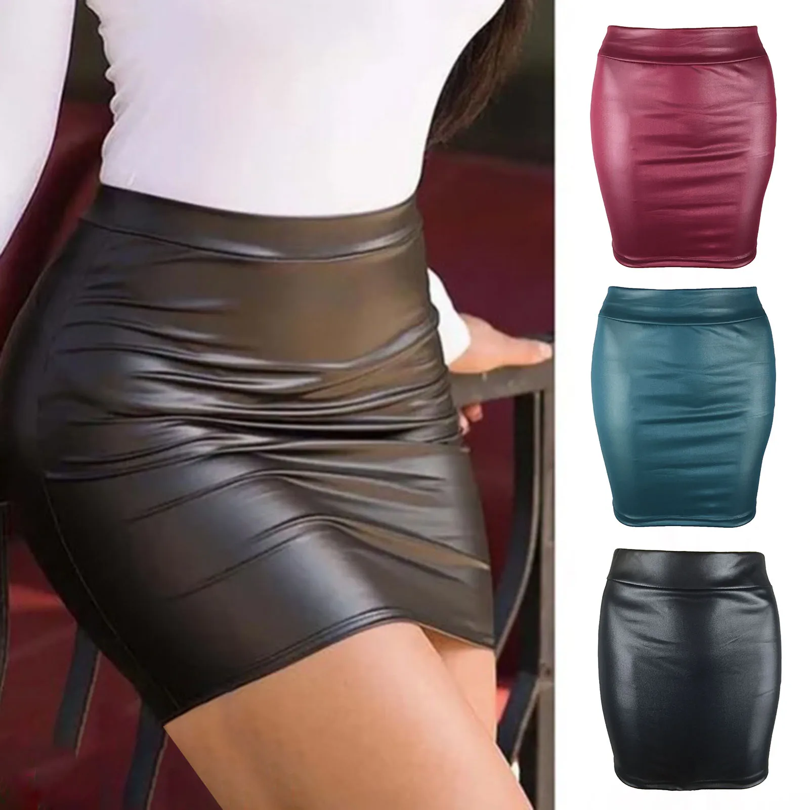 

Women Glossy Bodycon Skirts Rave Party Club Wear Stretchy Slim Fit Pencil Skirt Short Dress Solid Color High Waist Daily Clothes
