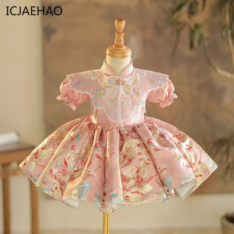 

ICJAEHAO 2024 One Year Old Baby Girl Grab Week Princess Dress Summer Matching Outfit Chinese Guofeng Banquet Tang Clothes