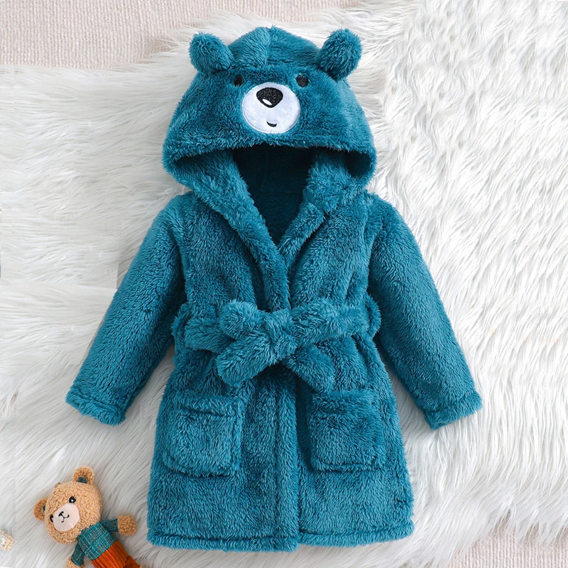 Baby Hooded Dressing Gown Warm Thickened Flannel Pajamas  Comfortable Hoodie Cute Bear Pattern Thick Winter Warm Loungewear