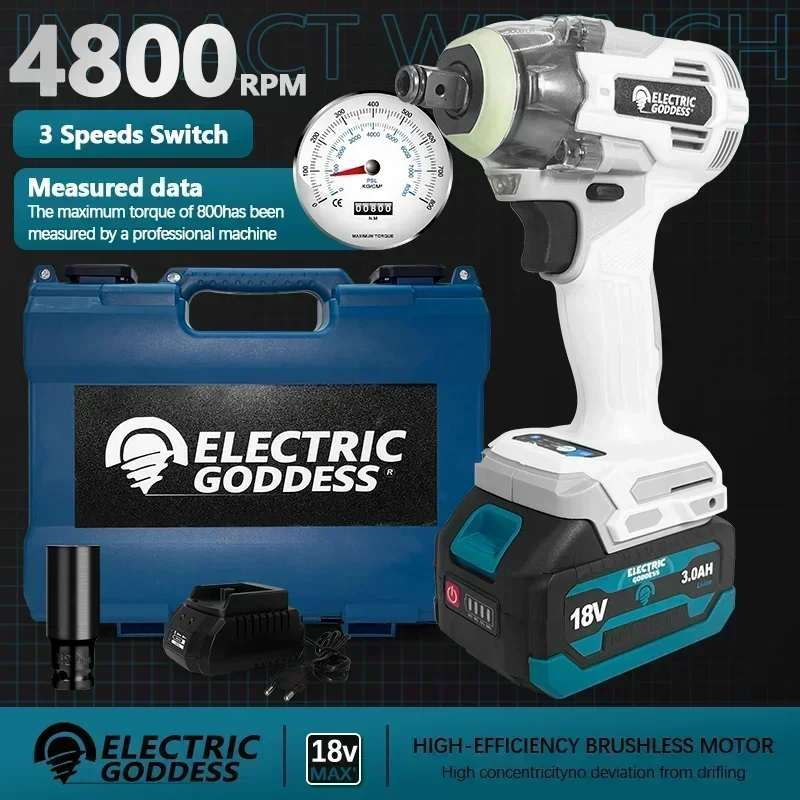 

Electric Goddess 800N·M Cordless wrench 1/2 Inch Brushless Lithium Impact Wrench For Makita 18V Tools Battery Power Tools Sets