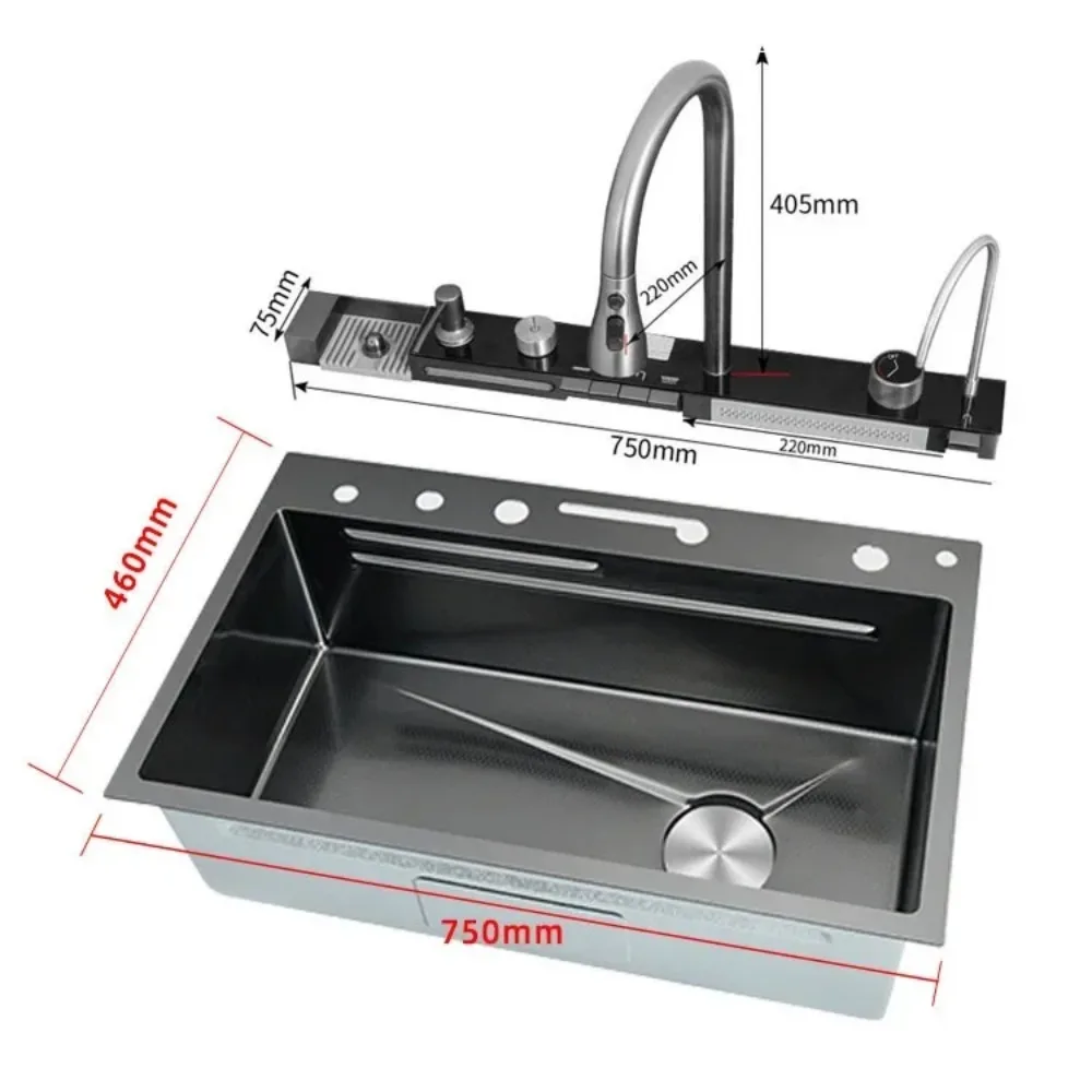 Imagem -05 - Cachoeira Kitchen Sink Slot Único Grande Integrado Digital Display Faucet Grupo Saboneteira Lavadora de Copos 304 Aço Inoxidável