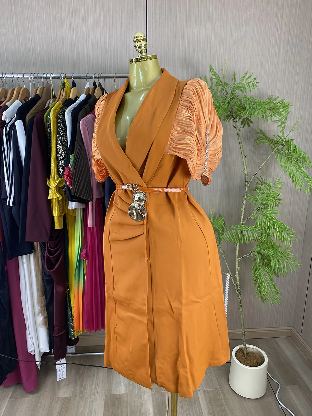 New Spring Professional Formal Dress: Solid Color, Flared Ruffle Sleeves, A-Line Slim Fit, Midi Length-GZXX1132