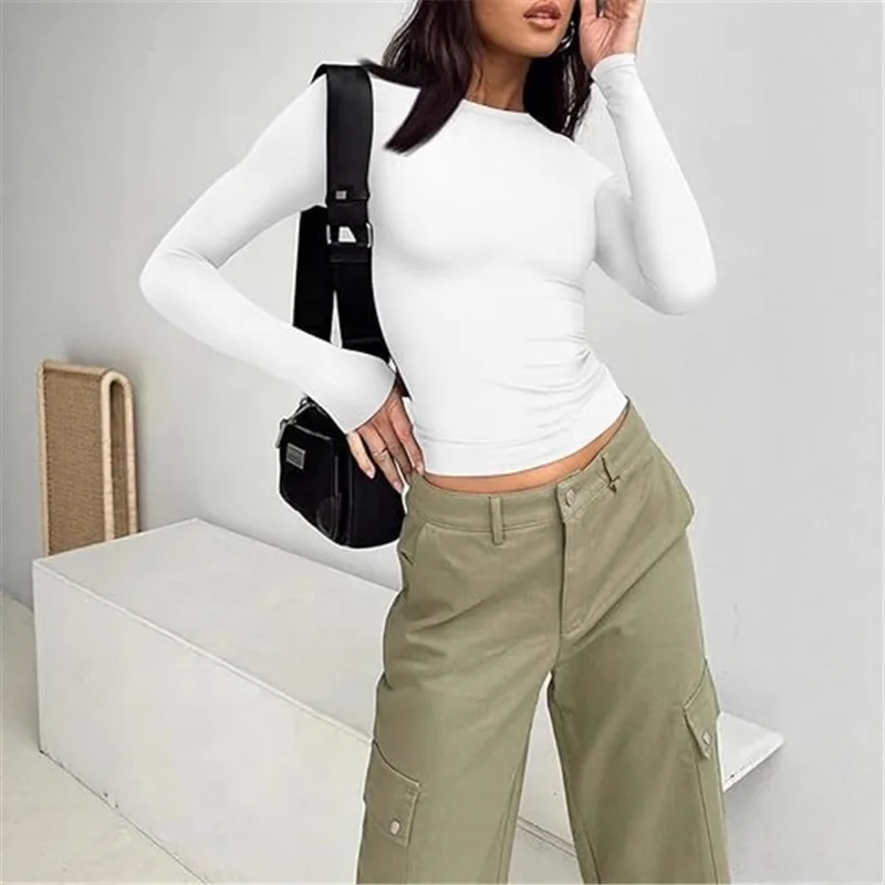 AliExpress – T-shirt court à manches longues, couleur unie, polyvalent, européen et américain, automne hiver