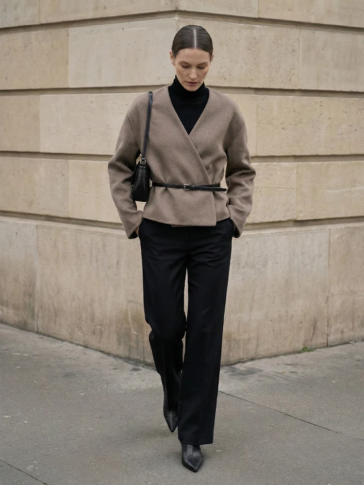 Willshela Women Fashion With Belt Solid Cropped Jacket Vintage V-Neck Long Sleeves Female Chic Lady Outfits