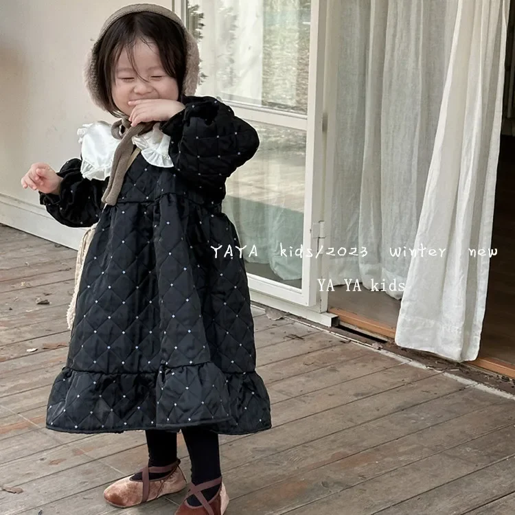 Girls Dress 2023 Winter New Dress Children Korean Version Large Lapels Plus Fleece Thick Temperament Black Jacquard Dress