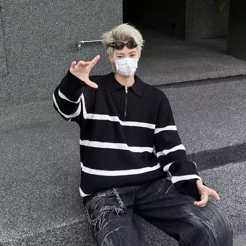 

Мужской вязаный свитер с воротником на молнии, осень-зима, базовый слой в полоску, повседневный, модный, универсальный, Гонконгский, для отдыха