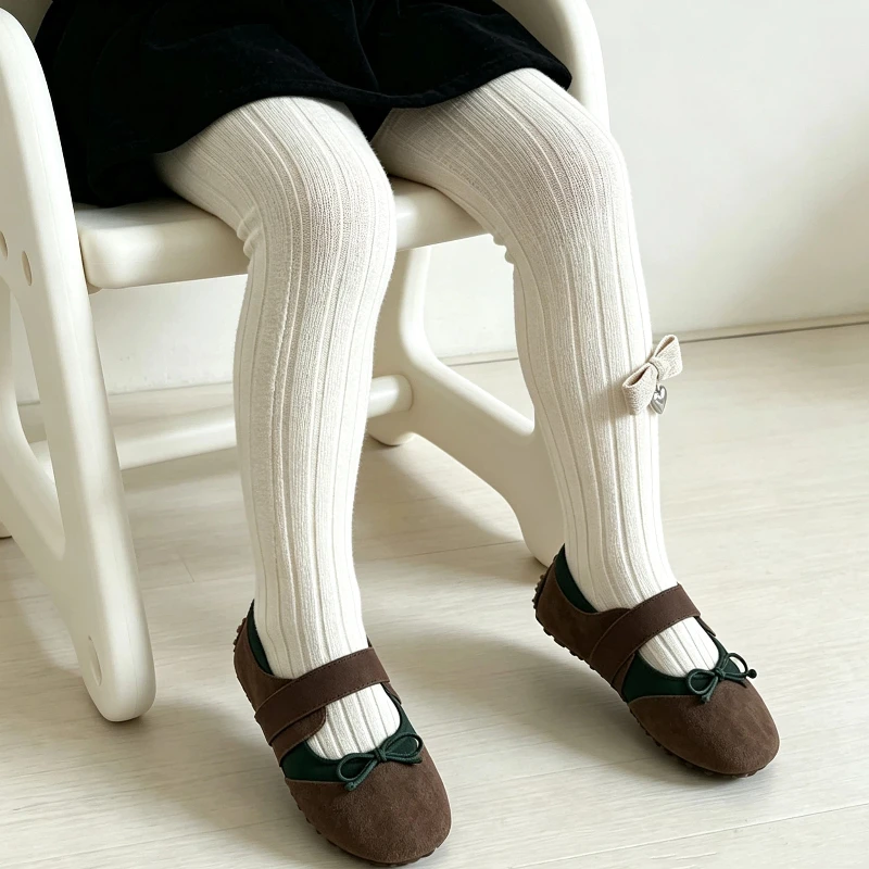 Cute Kids Girls Solid Vertical Stripe Leggings Charming Bow With Silver Heart Pendant Ornament Comfort Soft Breathable Pantyhose