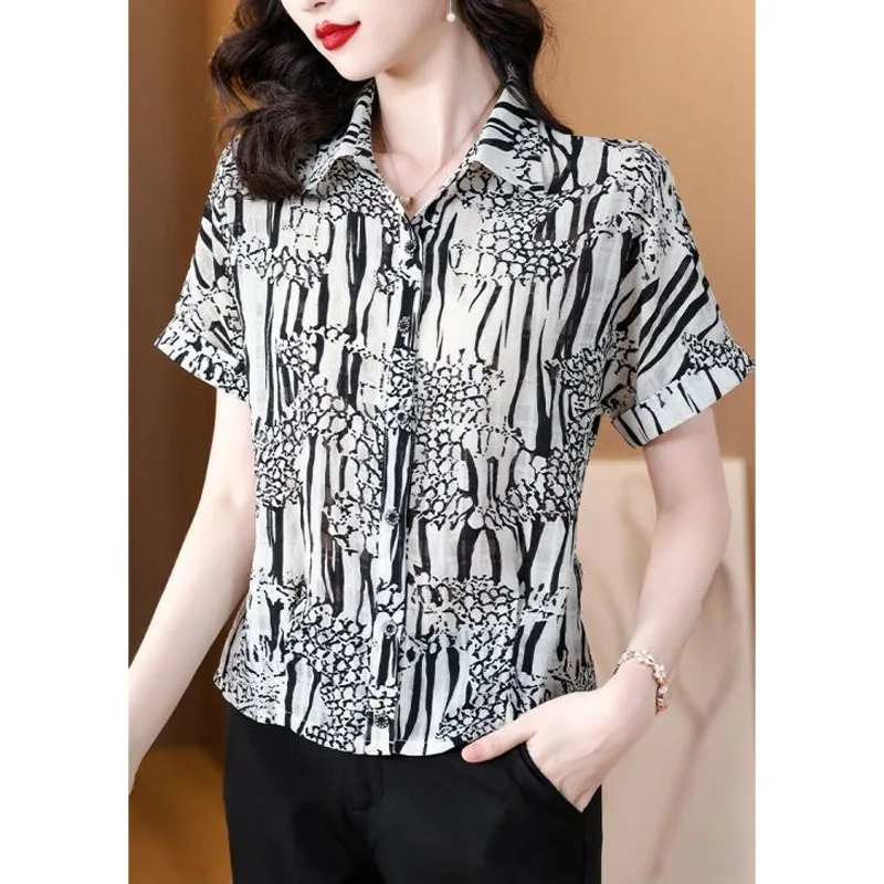 2024 Summer New Women\'s Blouse Polo-Neck Button Printed Ventilate Fashion Elegant Loose Commute Shirt Short Sleeve Casual Tops