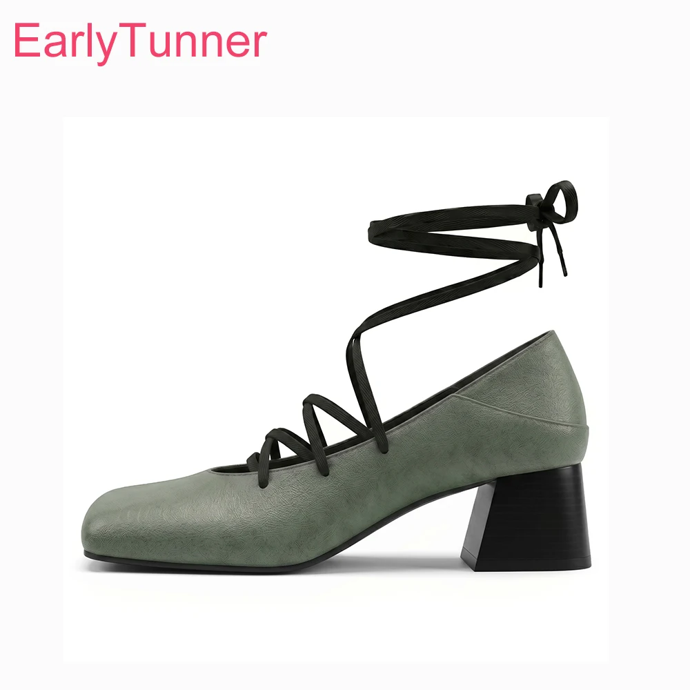2026 Autumn Mature Women Pumps Square Toe High Block Heels Lady Dress Shoes Large Plus Size 14 43 49 52 Lace up