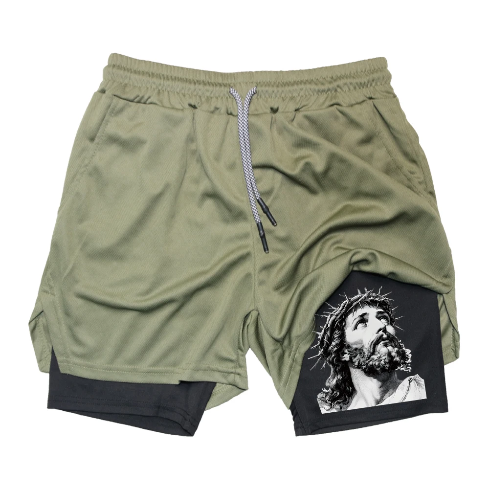 

Мужские быстросохнущие спортивные шорты с принтом головы Иисуса и несколькими карманами, подходящие для фитнеса и повседневной носки