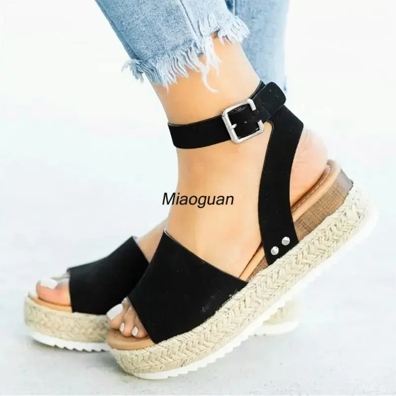 Women\'s Espadrilles Casual Sandals Slip on Suede Sandalias New Summer Striped Platform Wedges Woman Mules Breathable Large Size