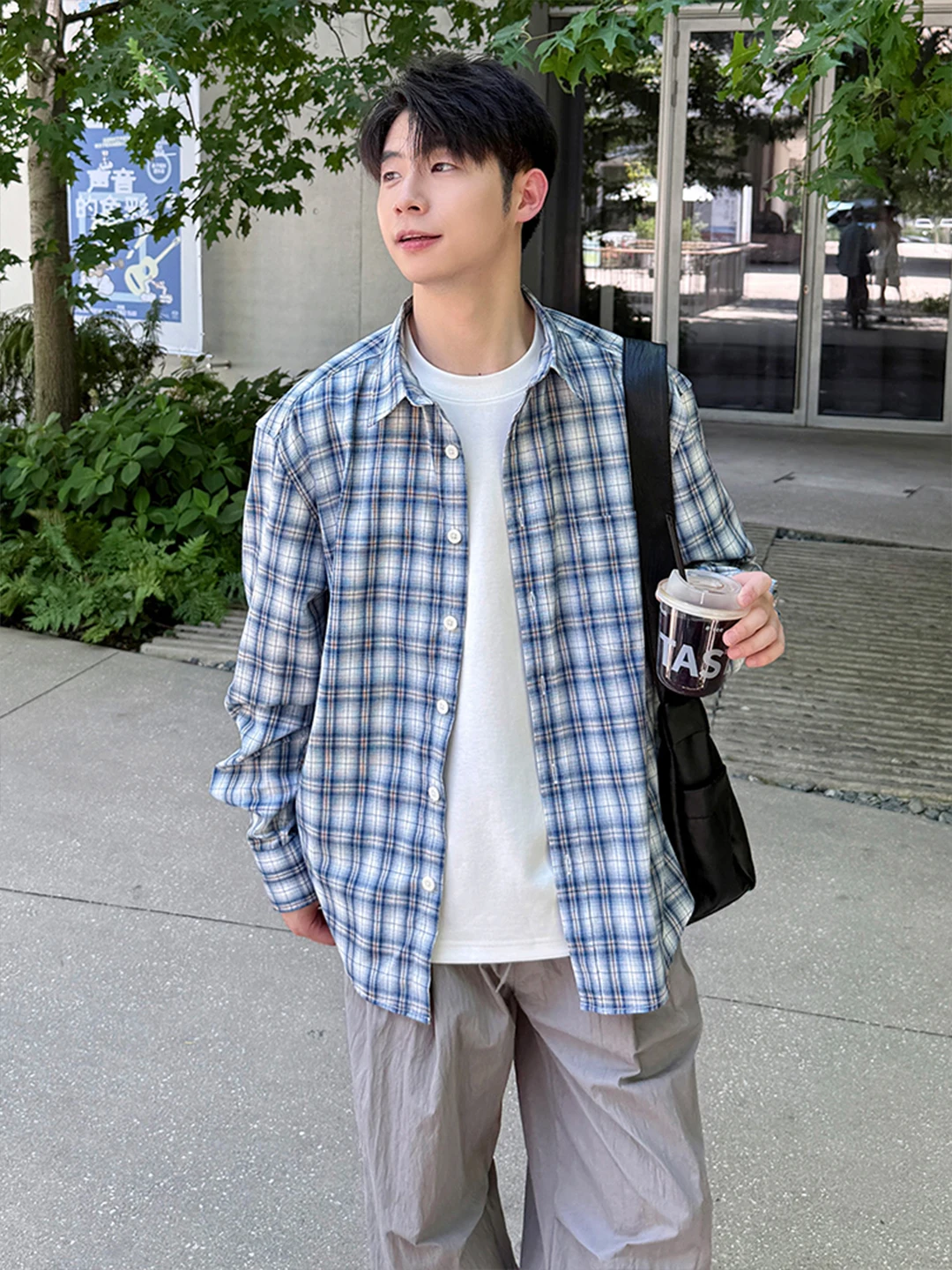 

Retro American Blue Plaid Men's Shirt Long Sleeve Korean Style Grid Pattern Cleanfit Jacket Autumn Fashion Outerwear