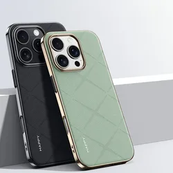 Fashion Leather Electroplated Hard PC Cover Case For iPhone 16 15 14 13 Pro Max