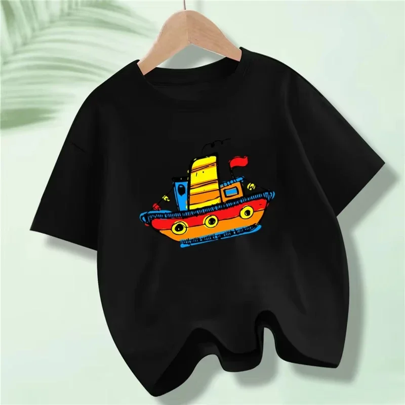 Cute Kids Cartoon Boat Graphic T Shirt Vibrant Steamship Print Short Sleeve Tee For Boys Daily Casual Outfit