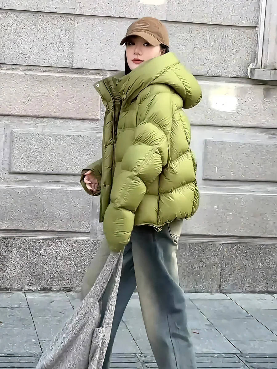 Mujer ort blanco Du down Jaet con capucha Dstring Thi cálido abrigo de invierno Faionable viaje Sle capucha desmontable