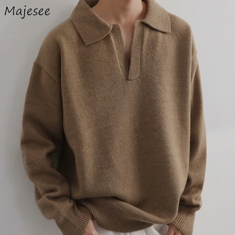 Pullover rajut pria leher V, sweater lengan panjang Solid Kasual gaya Preppy rajut Ulzzang bergaya Vintage semua cocok