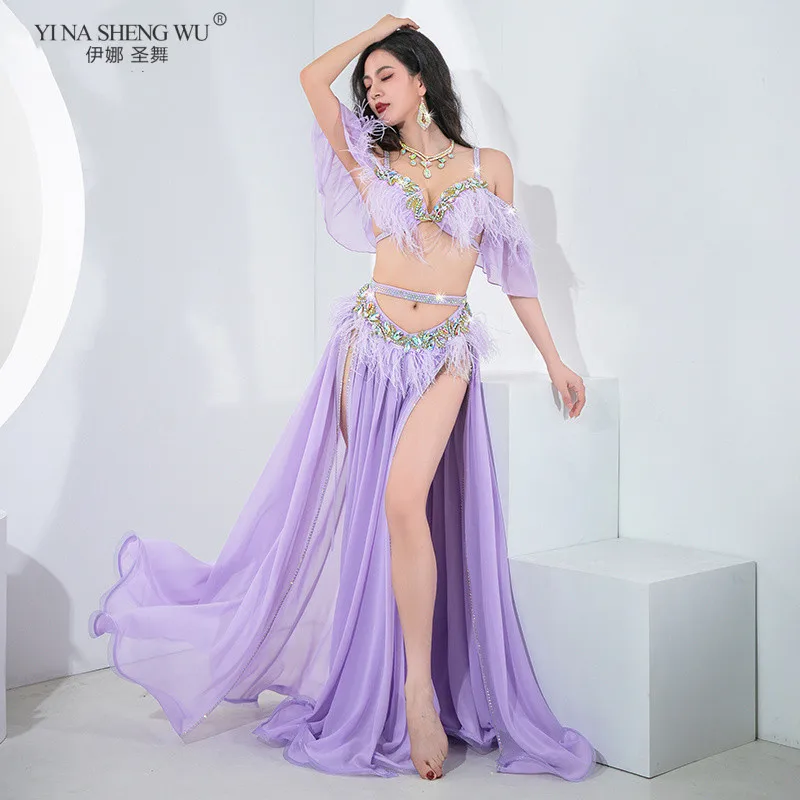 Women's Sexy Fairy Feather Bra Side Split Long Skirt Egypt Outfit Dance Stage Performance Carnival Luxury Belly Dance Costume