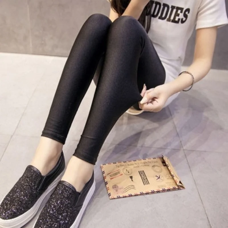 Moda damska Casual spodnie obcisłe błyszczące skórzane legginsy z przodu i z tyłu w talii spodnie skórzane legginsy spodnie damskie damskie