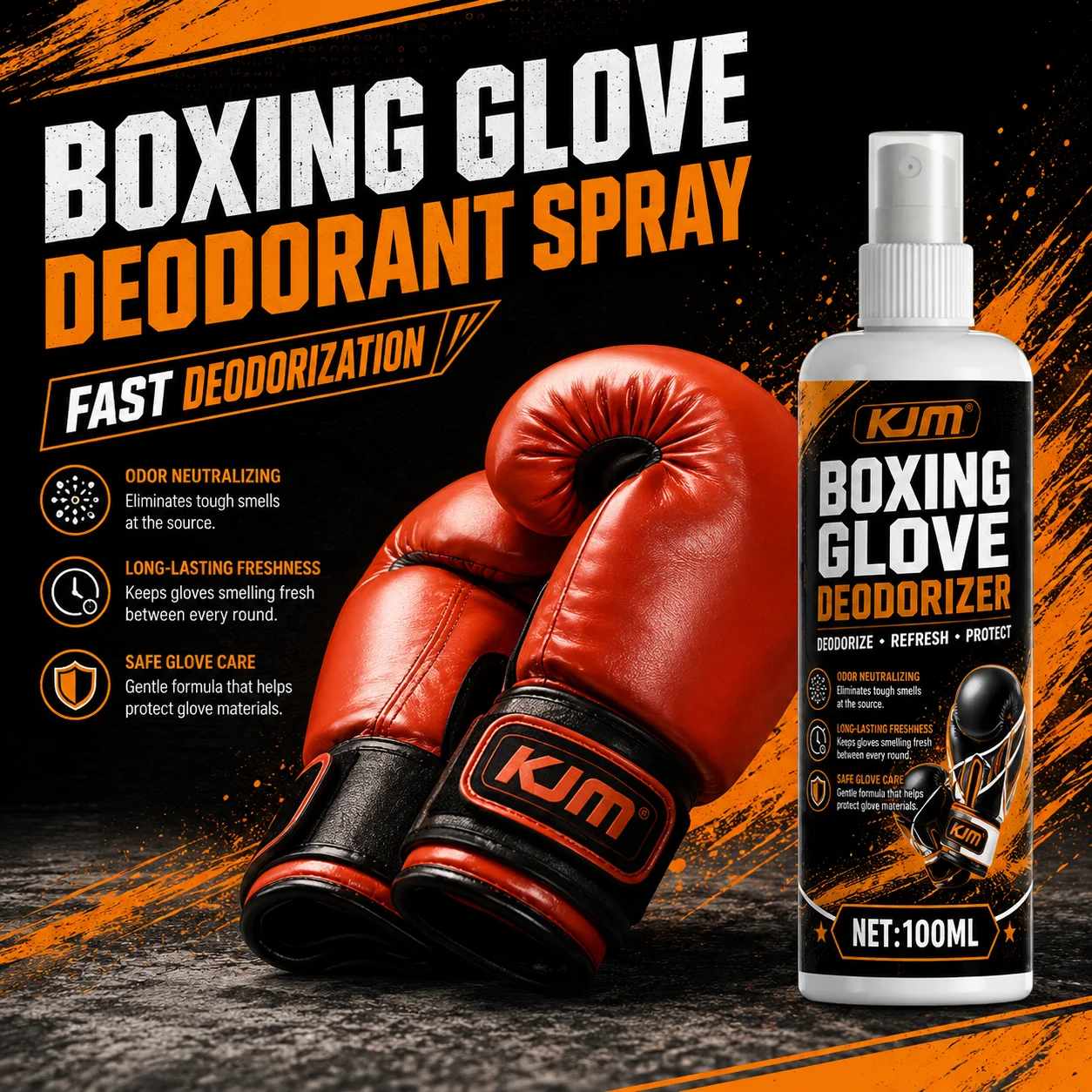 KJM Portable 100ML Odor Neutralizer Spray Sweat Smell Cleaner Safe For Automotive Leather Carpet Boxing Training Gloves