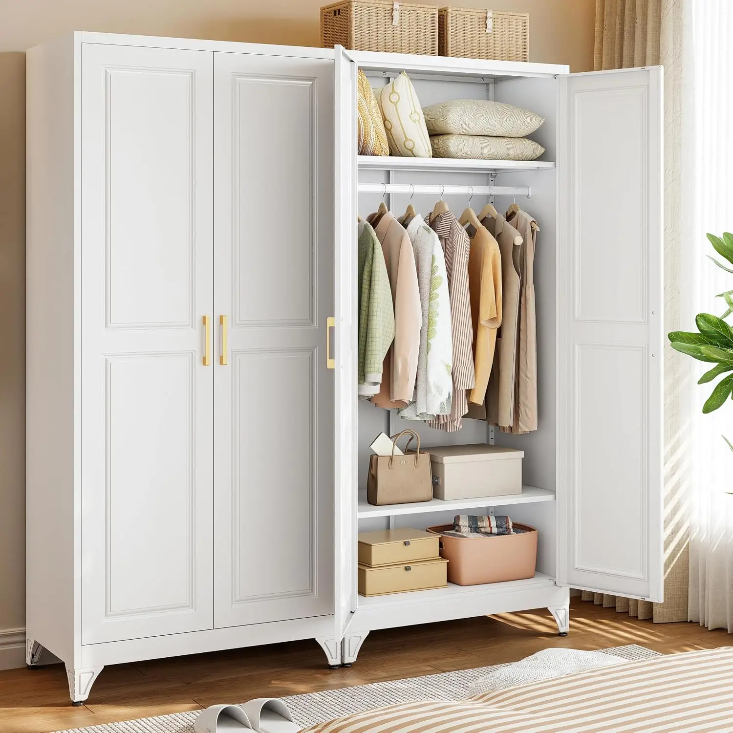 White Armoire Wardrobe Closet with Hanging Rod, Shelves | Metal Storage Cabinet, 2 Adjustable Shelves, 2 Doors, Clothes Storage