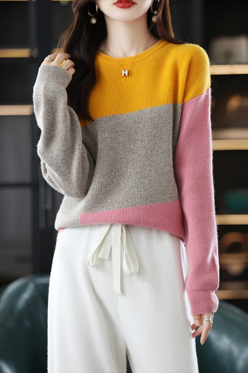 Fashion 100% Merino Wool Sweater Color-blocking O-Neck Cashmere Women Pullover Long Sleeve Comfort Leisure Clothing Tops