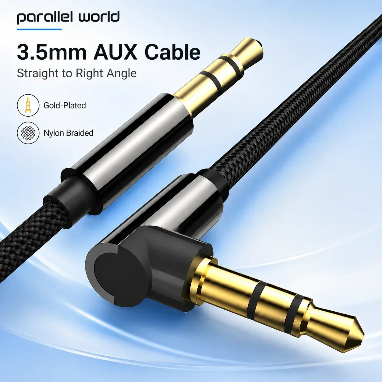 Premium 3.5mm AUX Cable Male to Male Right Angle Nylon Braided Stereo Audio Cable Gold Plated Connector for Car Phone Headphone