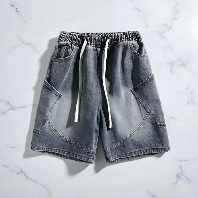 

Mens Denim Shorts Drawstring Summer Streetwear Shorts Harajuku Unisex Loose Fit Straight Leg Five Length Casual Fashion Trend