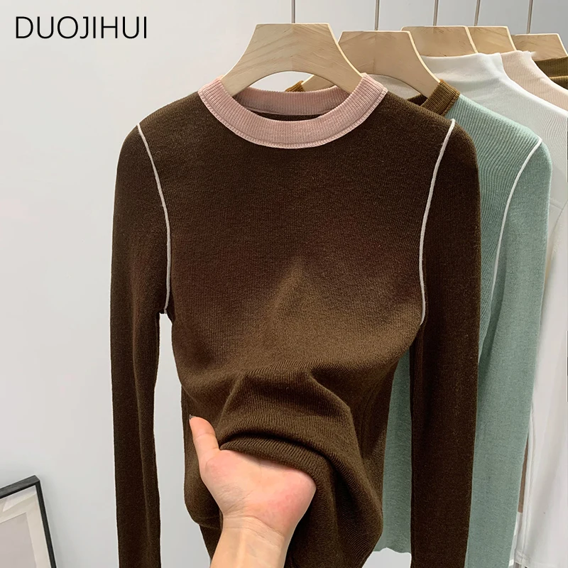 DUOJIHUI contrasto colore Vintage o-collo lavorato a maglia pullover donna autunno Chicly manica lunga moda semplice Casual pullover femminili