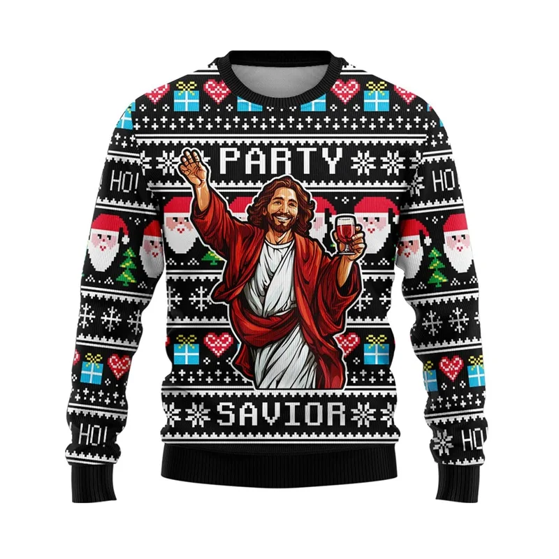 Full Print Men Women Ugly Jesus Jumper Sweatshirts Long Sleeve Crew Neck Christmas Jersey Sweatshirt Mens Hoodies Clothes