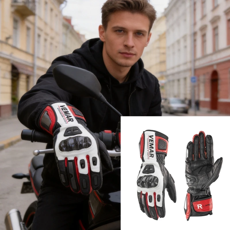 

VEMAR Men's Genuine Leather Carbon Fiber Motorcycle Gloves Touchscreen Anti-fall Wear-resistant for Moto Motocross Riding Gloves