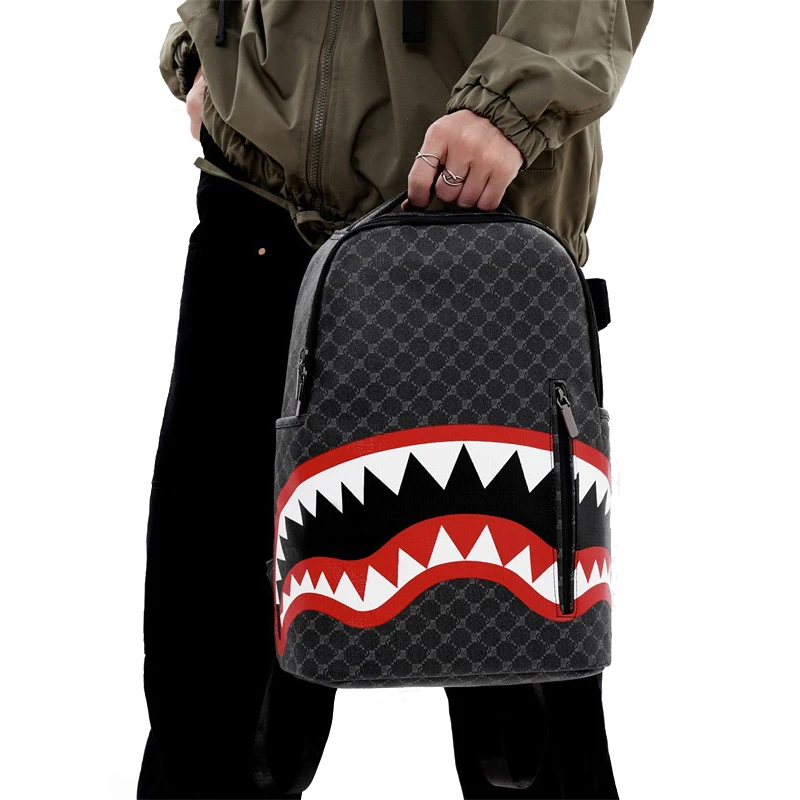 Simple Personality Fashion Shark Mouth Men\'s Backpack Plaid High School Student College Student School Bag Computer Backpack