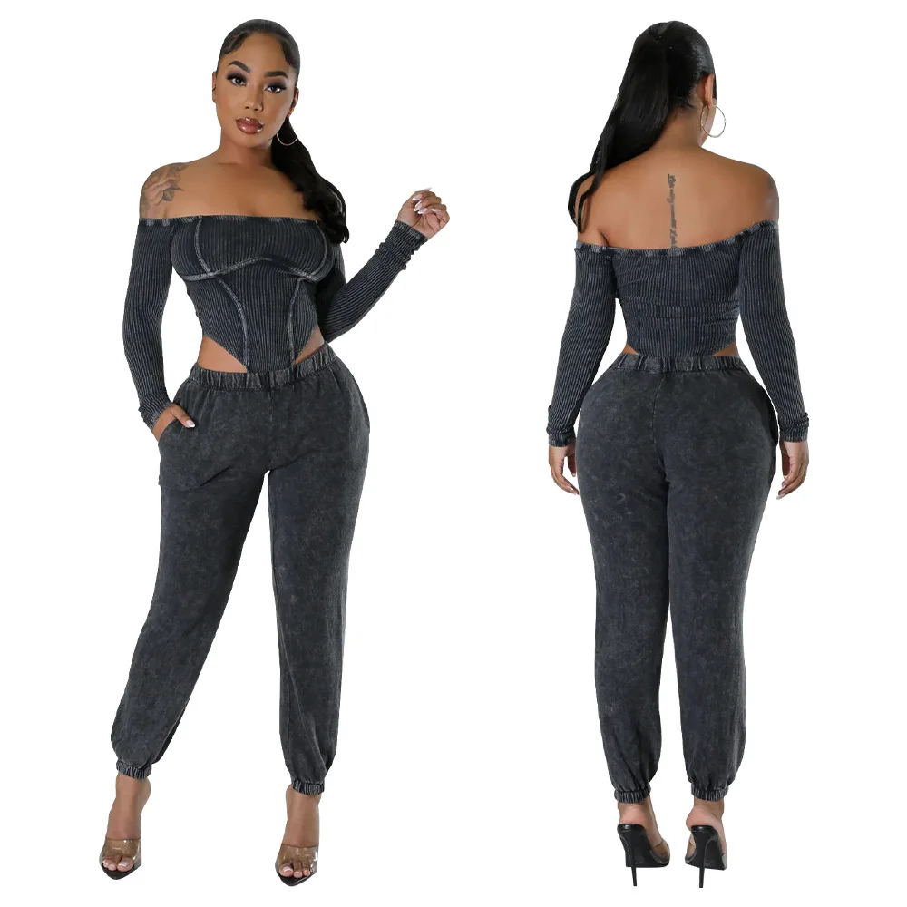 Streetwear Knitted 2 Piece Sets Women Outfit Sporty Slash Neck Long Sleeve Bodysuit Tops and Sweatpants Casual Matching Sets