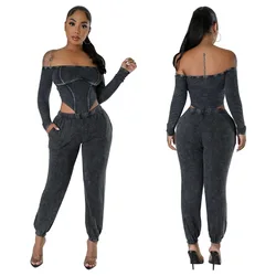 Streetwear Knitted 2 Piece Sets Women Outfit Sporty Slash Neck Long Sleeve Bodysuit Tops and Sweatpants Casual Matching Sets