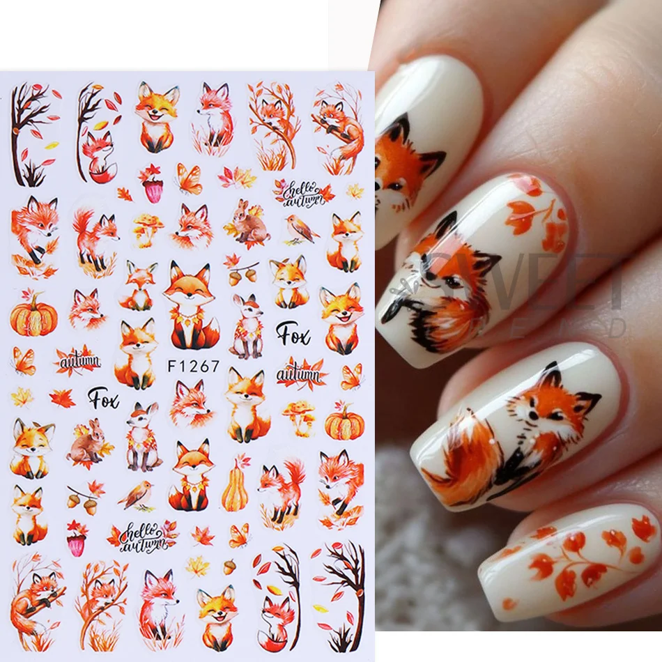 5 Stück Herbst-Nagelsticker, 3D, selbstklebend, Ahornblatt, Eichhörnchen, Fuchs, Igel, Kaffeetasse, Nageldekor, Thanksgiving-Maniküre-Dekoration – Detail 3