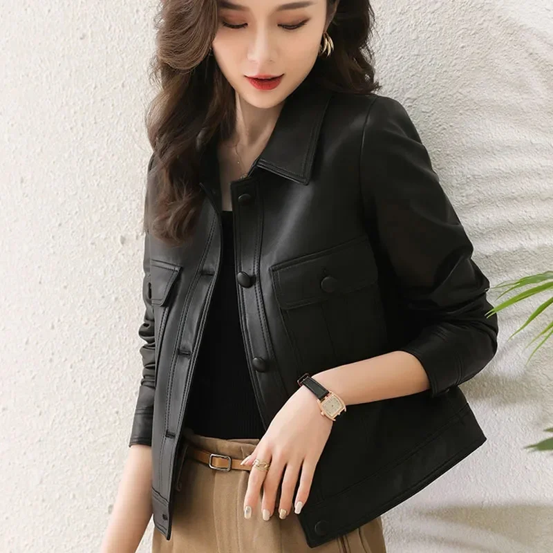 Spring Female Leisure PU Leather Jacket 2025 Women Fashion Short Leather Coat Retro Ladies Long Sleeves Faux Leather Outwear