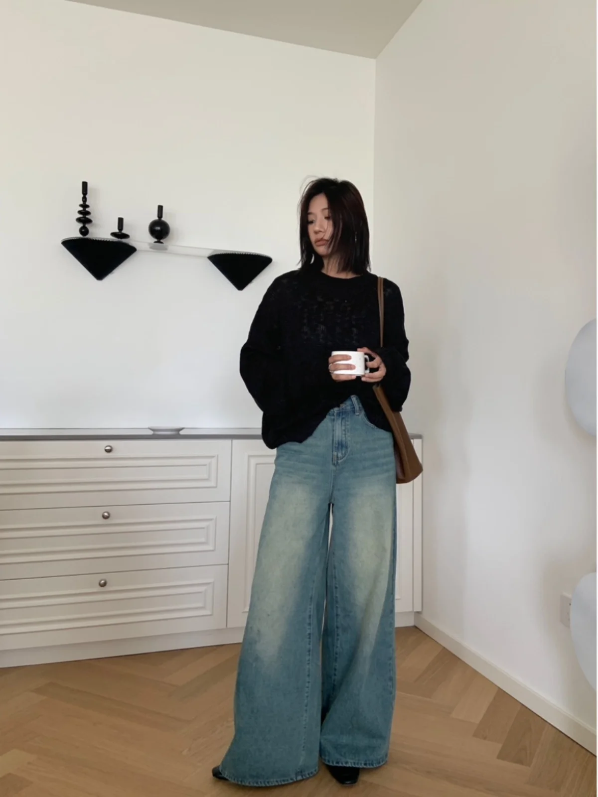 

Ретро джинсы свободного кроя с широкими штанинами и высокой талией для женщин, осенне-зимние, винтажные, длинные брюки из денима без соли (или: без эффекта потертости)