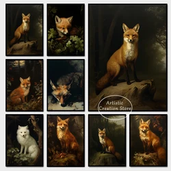 Fox Painting Vintage Dieren Art Dark Academia Prints Canvas Muurfoto 'S Voor Nordic Woonkamer Dark Forest Home Decor Geschenken