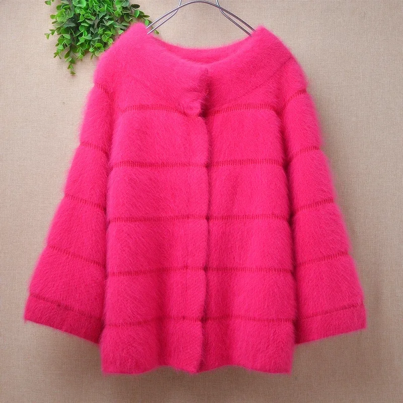 

Pull Rose Ladies Women Fall Winter Thick Warm Hairy Mink Cashmere Knitted Three Quarter Sleeves Loose Cardigans Angora Sweater