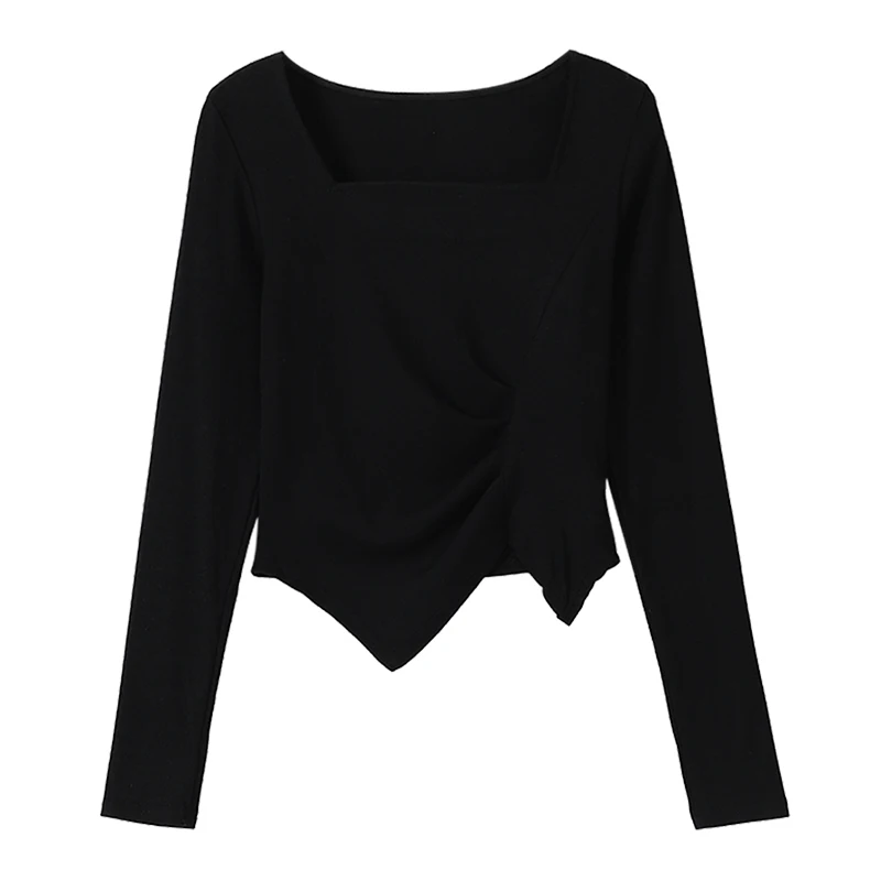 

Y2K Knitted Shirt Slim Fit Women Spring Autumn Irregular Design Long Sleeve Top