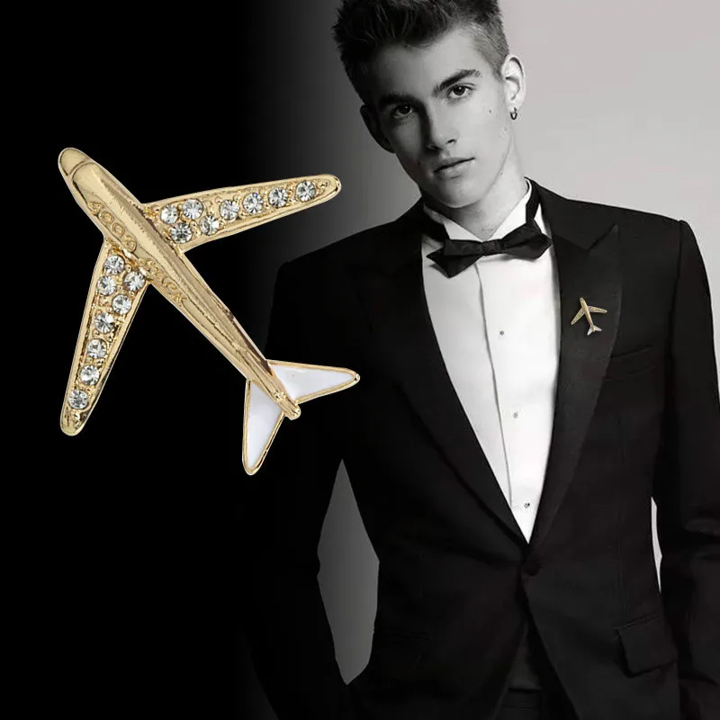 Airplane Brooch Pin Rhinestone Aircraft Lapel Pins and Brooches Men;s Suit Collar Needle Accessories Korean High-grade Crystal