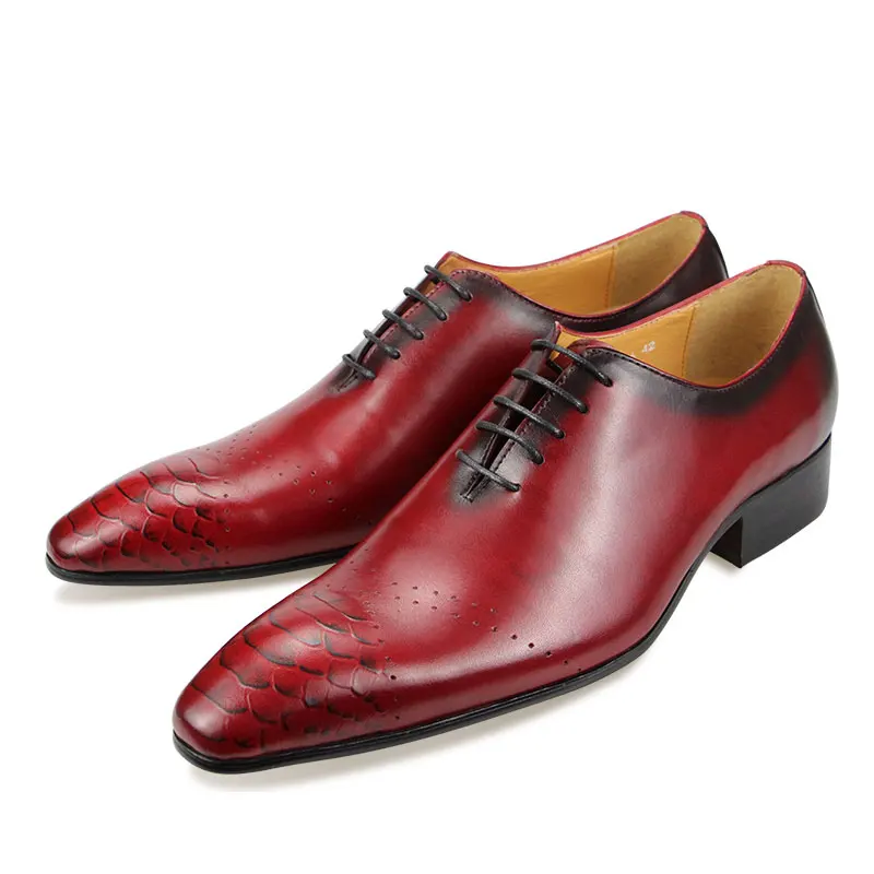 Vintage Formal Oxford Cow Leather Dress Shoes Fashion Men\'s Lace Up Elegant Business Wedding Pointed Toe Office Color Red Black