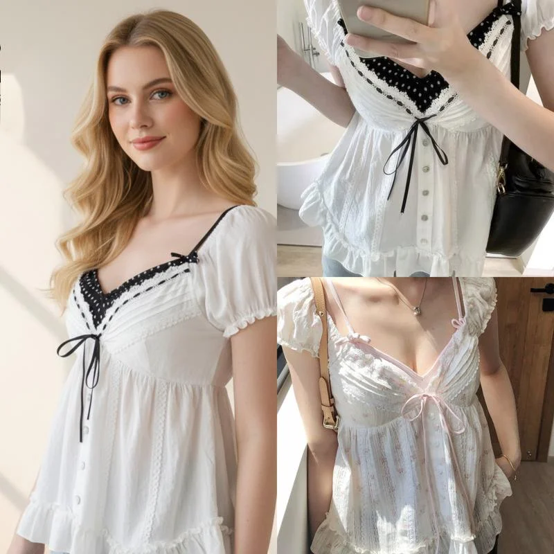 

French Sweet Bow Lace T-shirt Coquette 100% Cotton Puff Sleeve V Neck Polka Dot Fake 2 Piece Peplum Blouse For Women Summer New