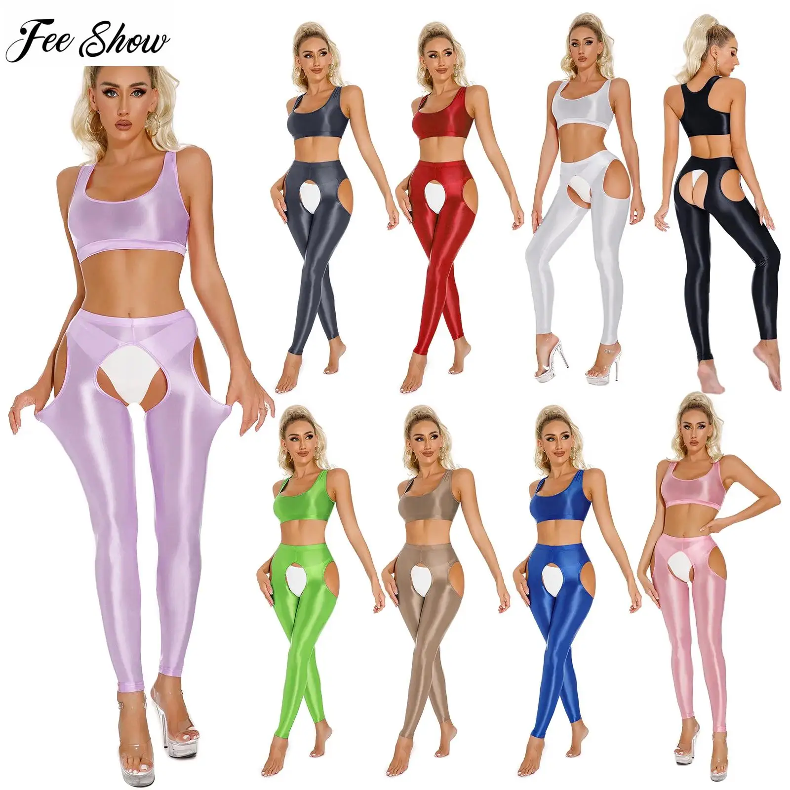 

Womens 2Pcs Yoga Outfits Glossy U Neck Crop Top with High Waist Open Crotch Hollow Out Leggings Tights Gymnastics Sportswear